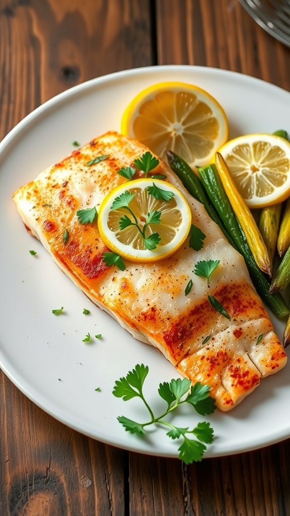 Oven-Baked Tilapia Recipe Baked tilapia fillet on a white plate with lemon and parsley, served with vegetables on a rustic table.